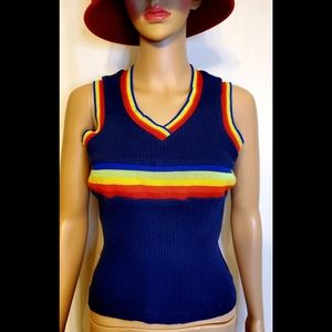 True Vintage SELF ESTEEM Knit Top Blue w/ Rainbow Trim